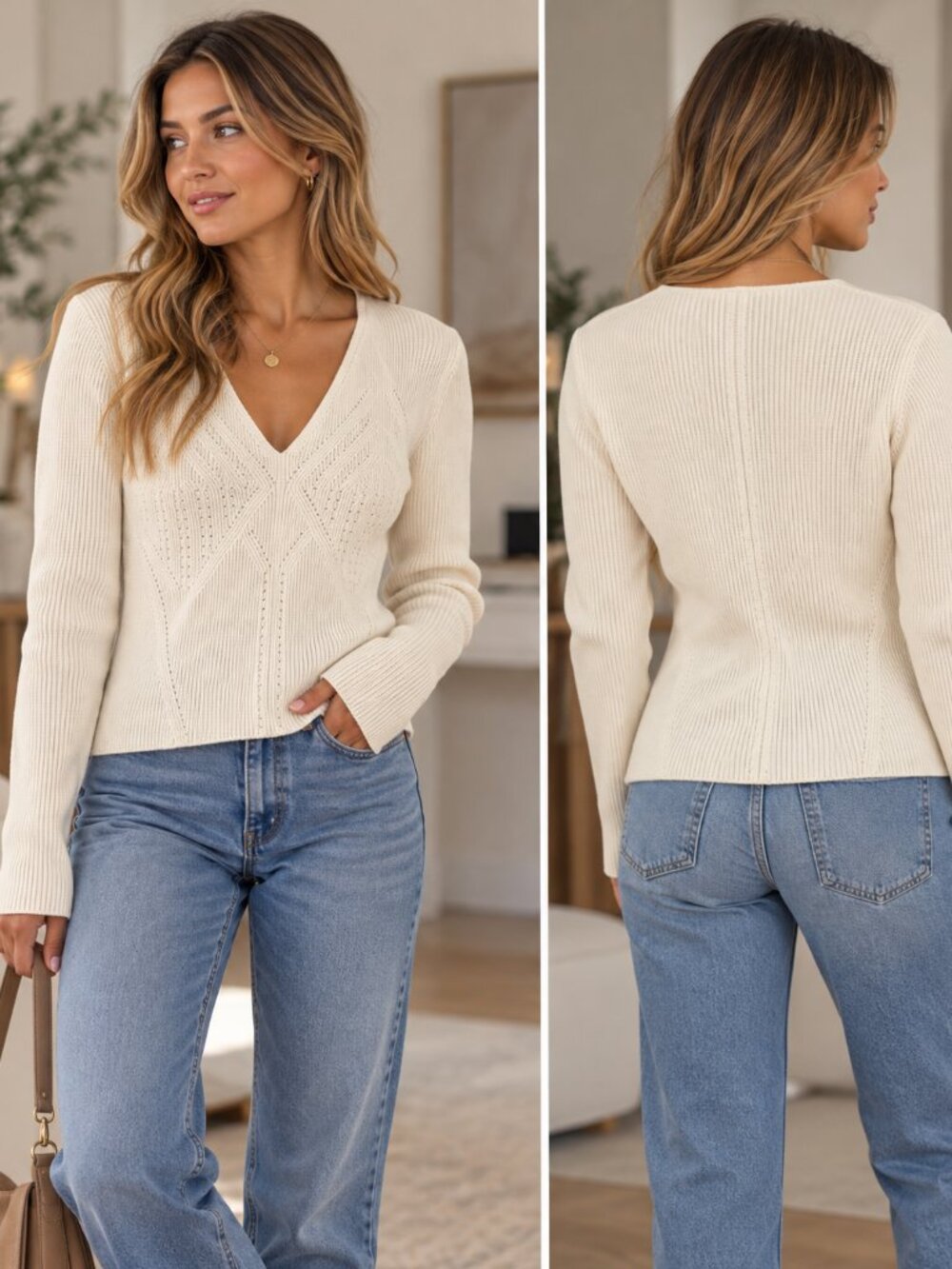 H&M Cream Ivory Ribbed V-Neck Sweater Size L – Textured Knit